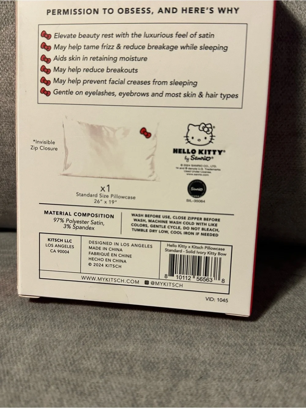 NIB KITSCH x Hello Kitty Satin in Ivory Bow Standard size Pillowcase